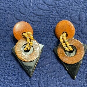 Vintage art deco, wooden geometric, earrings, beaded black brown tan
